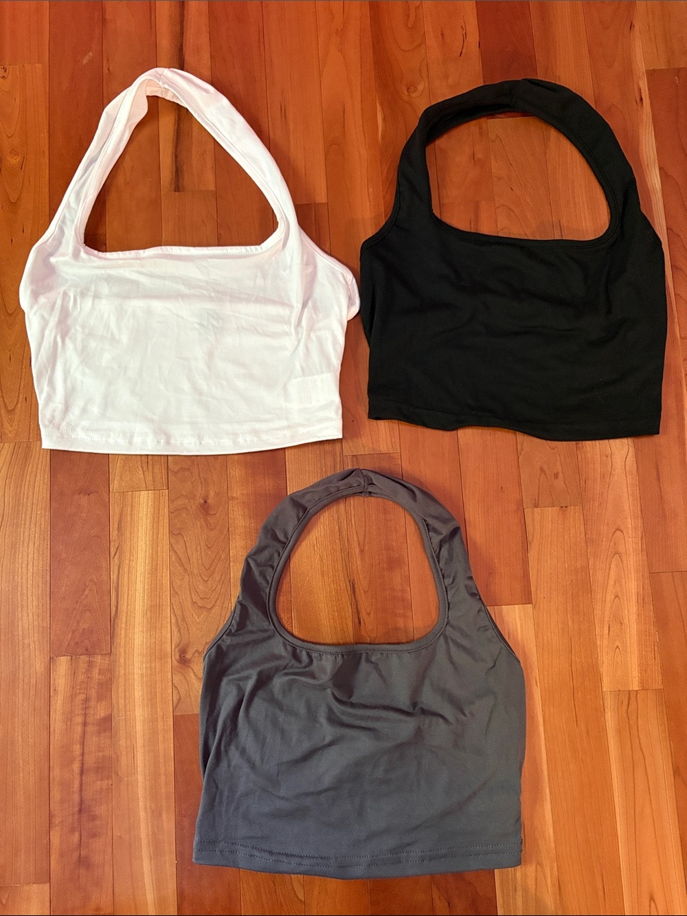 SHEIN Halter Crop Tank Top Trio - White, Black & Gray
